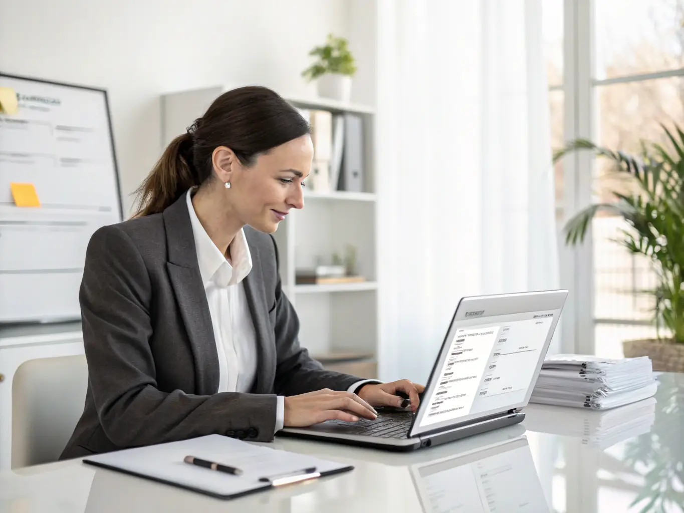 A clean and modern interface displaying customer onboarding process on a tablet, highlighting ease of use and efficiency. The setting is a bright, professional office environment.