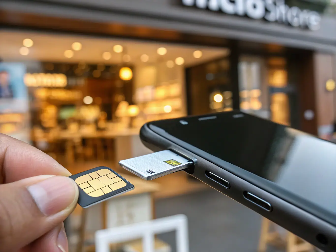 A close-up shot of a SIM card being inserted into a mobile phone, symbolizing SIM card management. The background is blurred to focus on the SIM card and the phone.